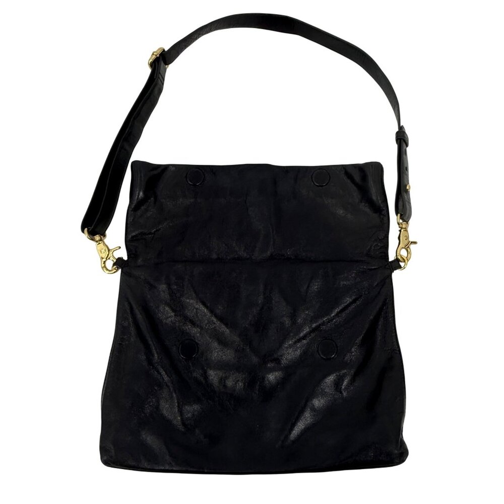 Tory Burch Black Leather Fold-Over Adjustable Strap Gold Tone Logo Crossbody Bag - Picture 9 of 16